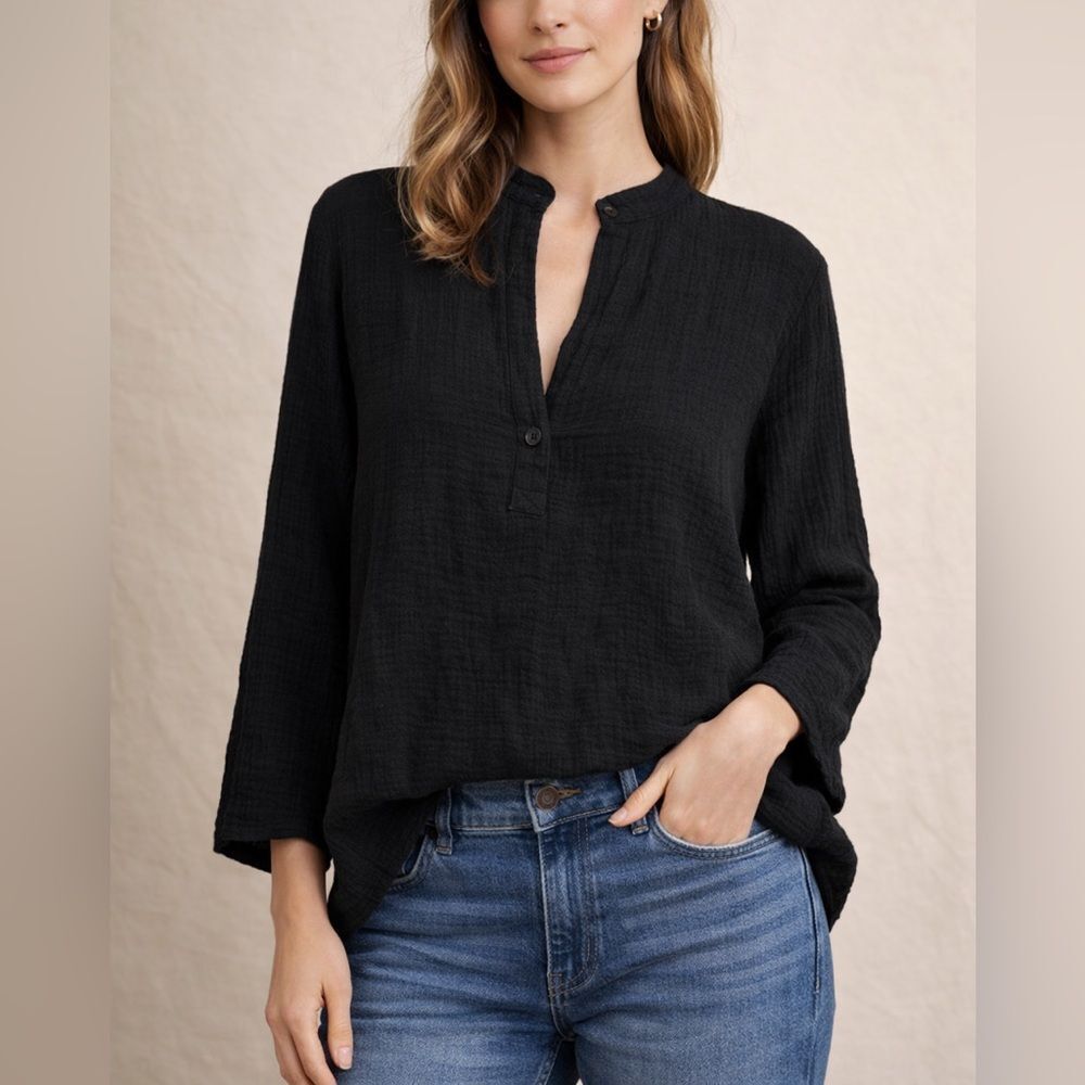 ELA Black Cotton Gauze Split Neck Long Sleeve Blouse Size S Made USA
